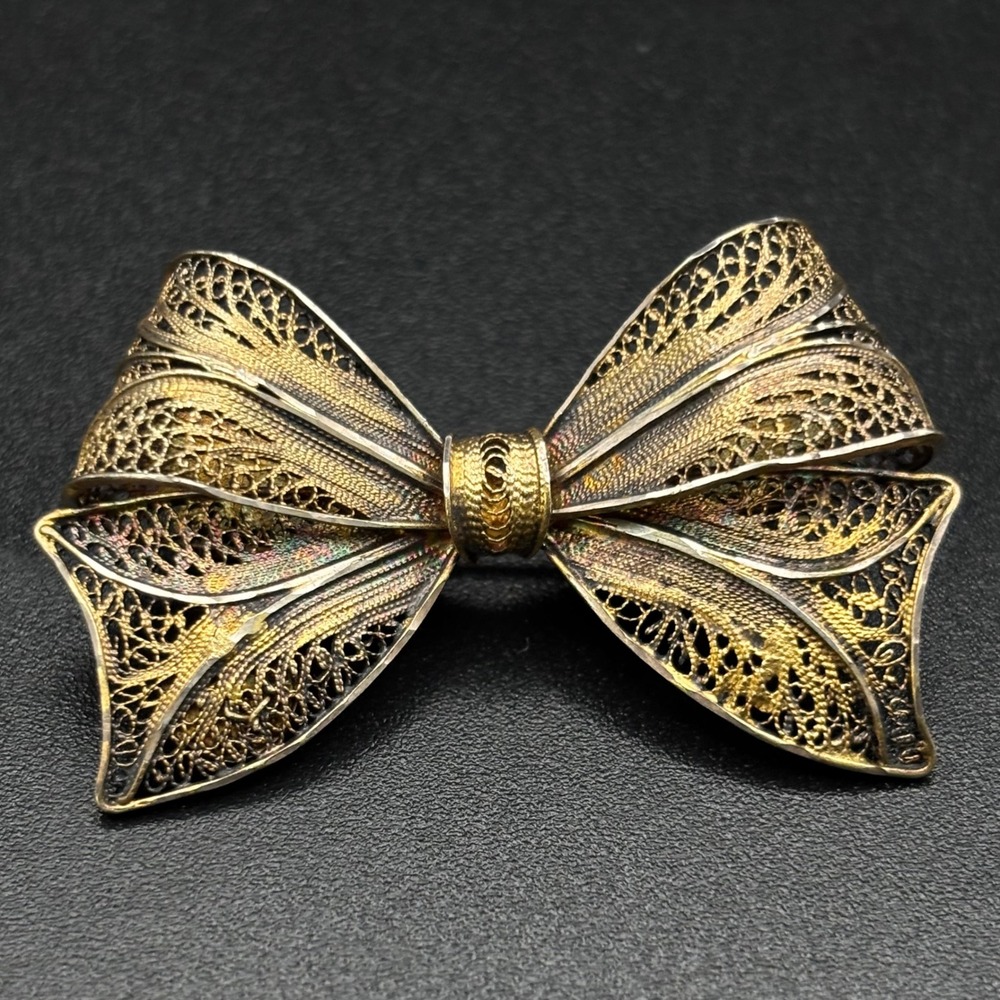 Vintage Sterling Silver Bow Brooch Filigree Vermeil Portugal Mid Century